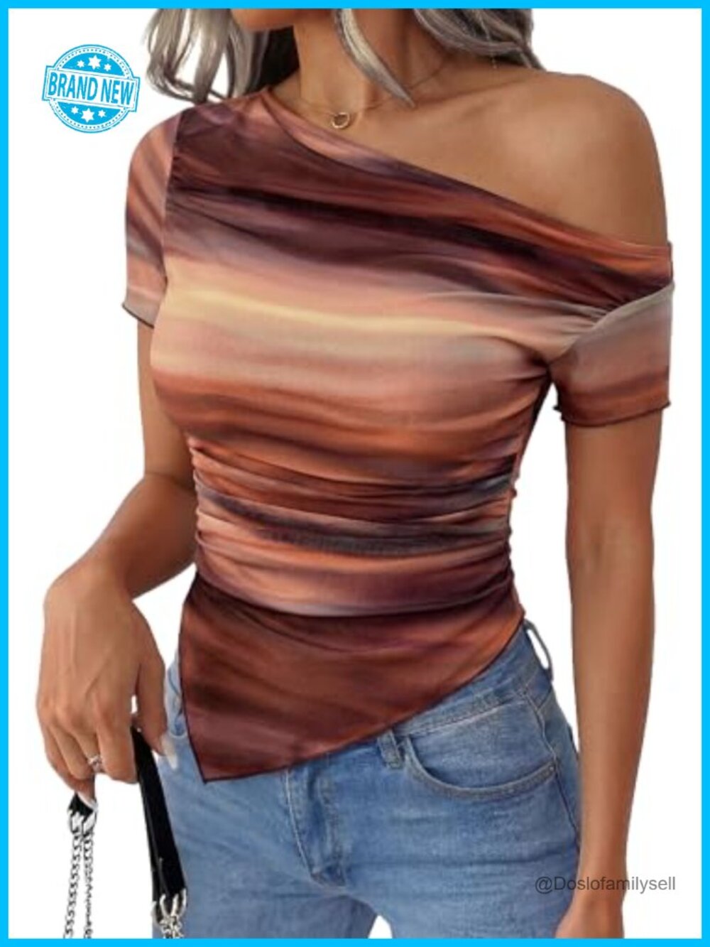Mesh Off The Shoulder Blouse Slim Fit Ruched Tie Dye Short Sleeve Top